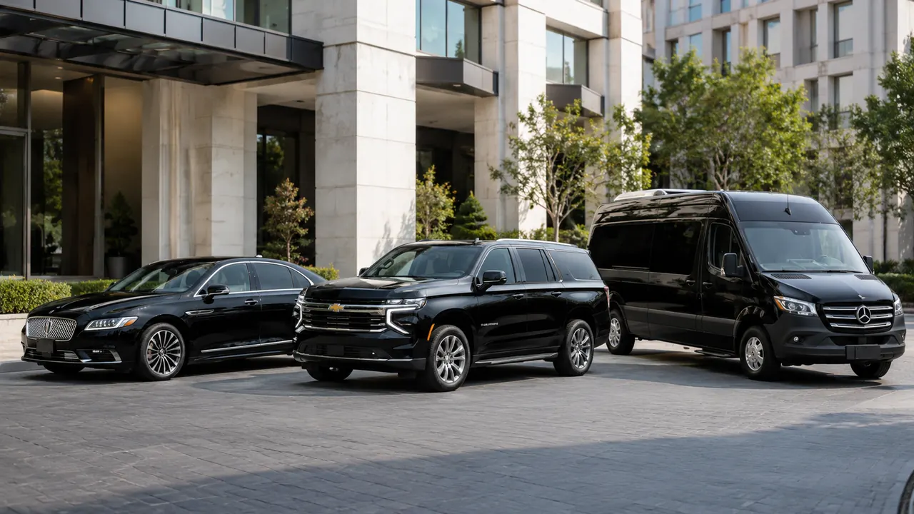 Black Lincoln Continental, Chevrolet Suburban and Mercedes Sprinter fleet